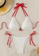 Nowy śliczny biały strój kąpielowy bikini z czerwonymi paskami (S)