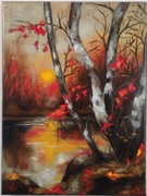 Obraz olejny "Jesienna cisza" pejzaż, brzozy, zachód słońca A. Groński