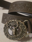 Skórzany pasek myśliwski do garnituru, munduru myśliwego, JELEŃ BYK poroże.