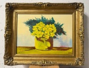 Stary obraz martwa natura olejny sygnowany PRL żółte kwiaty