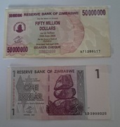 1 dolar Zimbabwe plus 50000000 dolarów Zimbabwe