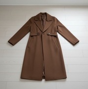 Brązowy elegancki płaszcz długi garnitur z paskiem klasyczny + GRATIS