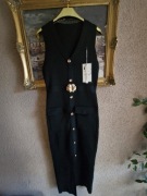 Sukienka długa czarna dzianina prążek złote guziki Vinceotto