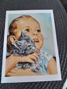 Kartka pocztowa dziewczynka z kotkiem 