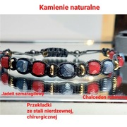 BRANSOLETKA KAMIEŃ JADEIT CHALCEDON RUBINOWY KOSTKI STAL SZER.16,5 cm HIT