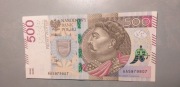 Banknoty 500 zł seria AA luty 2016 niski numer nr AA0960995