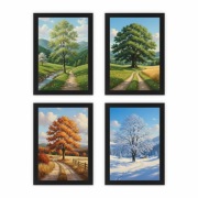 ZESTAW OBRAZÓW w czarnych ramkach 4 x A4 "Cztery Pory Roku" Styl Olejny