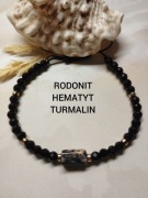 Bransoletka z kamieni naturalnych Turmalin, Rodonit, Hematyt 