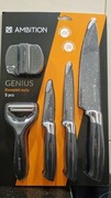AMBITION GENIUS komplet 3 noży + obieraczka + ostrzałka STAL NIERDZEWNA
