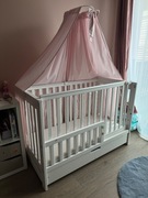 Łóżeczko Klupś Iwo białe + materac Rucken 120x60cm, baldachim, gratisy.