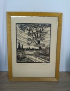 Obrazek w ramie – grafika pejzaż z drzewem, styl linorytu / vintage