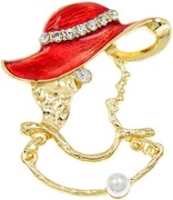 Broszka Czerwony Kapelusz Przypinka Elegancka Modna Złota kryształ Perła