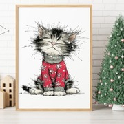 Świąteczny Kotek w Sweterku – Plakat A4 z Ramką