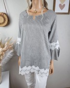 Bluzka paski biało szara wiskoza 100% koronka Gina Benotti M 40 42 boho