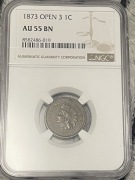 1873 OPEN 3 1C Indian Head Cent NGC AU55 BN USA Rzadsza Odmiana Certyfikat