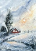 Ciepło zimowego poranka. Original Akwarela A4