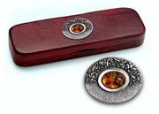 Zestaw do pisania z bursztynem - długopis i ołówek z drzewa różanego