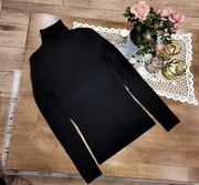 Dzianinowy sweter damski golf czarny prążki M merino kaszmir wiskoza ciepły