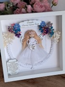 ANIOŁEK MAKRAMA W RAMCE 3D PAMIĄTKA NA CHRZEST KOMUNIĘ TORBA PREZENTOWA