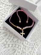 Różaniec bransoletka krzyż kamienie kwarc różowy 