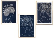 Zestaw 3 plakatów 50x70 abstrakcja, kwiaty, granat, złoto, szkic