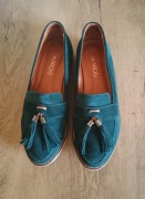 Mokasyny damskie skórzane AKARDO, jak nowe, rozmiar 38, butelkowa zieleń