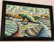 ,,Domy wśród pól ’’ obraz olejny