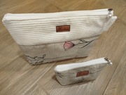 Kosmetyczki, komplet, duża i mała, materiał len w kwiaty i sztruks kremowy 