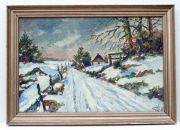 Stary obraz Polski pejzaż zimowy o/p sygn