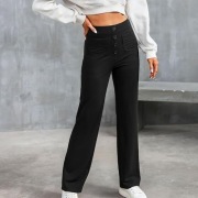 Damskie Spodnie z Wysokim Stanem Casual z Kieszeniami – Czarne S