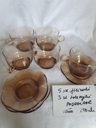 5 szklanki filiżanki przydymione uchem +3 talerzyki podpalane brąz bursztyn