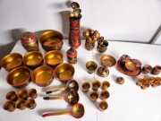 Zestaw Chochłoma ZSRR vintage – ręcznie malowane naczynia drewniane