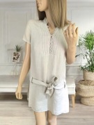 Kremowa beżowa sukinka krótka lniana na krótki rękaw letnia z paskiem 