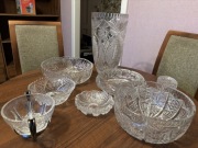 Kryształy PRL komplet 8 elementów – wazon + misy + bomboniera – stan bdb