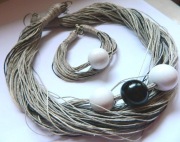 Len i drewniane kule, ekologiczna biżuteria,  naszyjnik i bransoletka