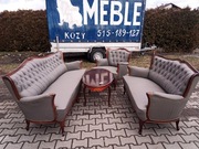 Komplet Ludwik Rzeźbiony 3+2+1 i Stolik , NOWA - Skóra Szara