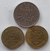 Francja 1/2 franka + 2 x 5 centimes  - 3 monety zestaw