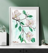 Akwarela oryginalna A4 "Magnolia Gwieździsta", obraz botaniczny, białe 