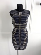 Granatowo złota, dopasowana mini sukienka z geometrycznym wzorem  