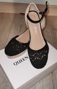 Czarne ażurowe espadryle na koturnie Queen Tina
