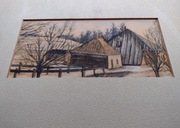 Stary obraz pejzaż chaty 