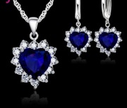 Srebro elegancki naszyjnik i kolczyki serduszko 925 royal blue