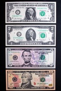 Banknoty USA 1, 2, 5 i 10 Dolarów USD stan UNC z paczki bankowej ZESTAW