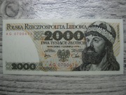 BANKNOT PRL 2000 ZŁOTYCH 1979 ROK SERIA AG MIESZKO I CHROBRY UNC