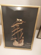 OBRAZ CEPELIA SŁOMIANY RĘKODZIEŁO  STATEK LATA 70 PRL