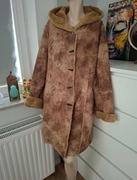 beżowy płaszcz skórzany sztuczne futro vintage sztuczny kożuch z kapturem 