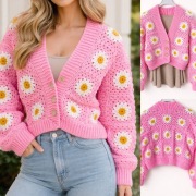 Kardigan, sweter  hamdmade różowy stokrotki  M / L kolorowe kwadraty babci