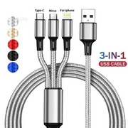 Kabel Przewód USB 3w1 Micro USB Lightning USB-C Nylonowy Srebrny 1,2m °Hit°