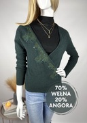 Elegancki wełniany butelkowo zielony kardigan z wiązaniem ciepły na zimę