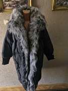 Płaszcz czarny kaczy puchowy okazały lis odpinany